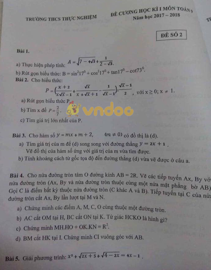 Đề cương ôn tập học kì 1 lớp 9 môn Toán trường THCS Thực Nghiệm năm học 2017 - 2018