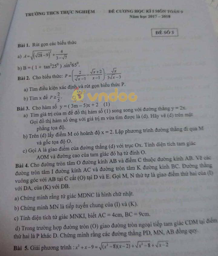Đề cương ôn tập học kì 1 lớp 9 môn Toán trường THCS Thực Nghiệm năm học 2017 - 2018