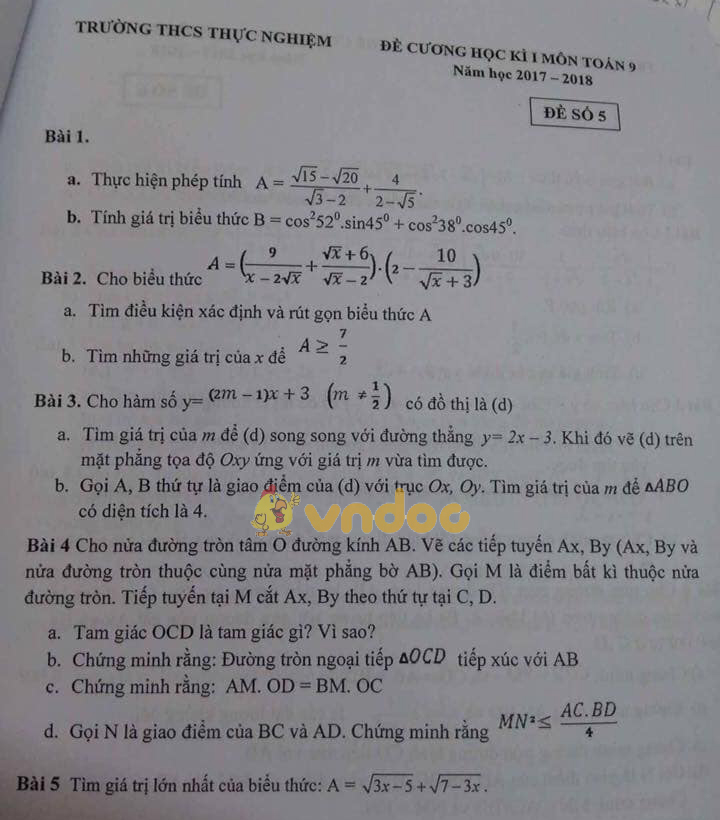 Đề cương ôn tập học kì 1 lớp 9 môn Toán trường THCS Thực Nghiệm năm học 2017 - 2018