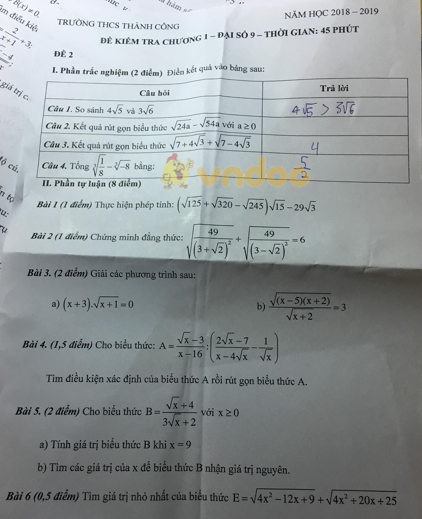 Đề kiểm tra 1 tiết môn Toán Đại số lớp 9 trường THCS Thành Công năm học 2018 - 2019