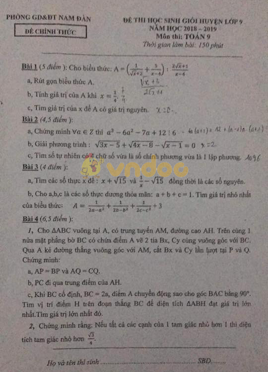 Đề thi chọn học sinh giỏi cấp huyện lớp 9 môn Toán Phòng GD&ĐT Nam Đàn năm học 2018 - 2019