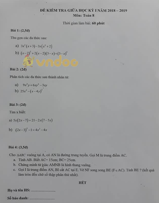 Đề thi giữa học kì 1 lớp 8 môn Toán trường THCS Quang Trung năm học 2018 - 2019