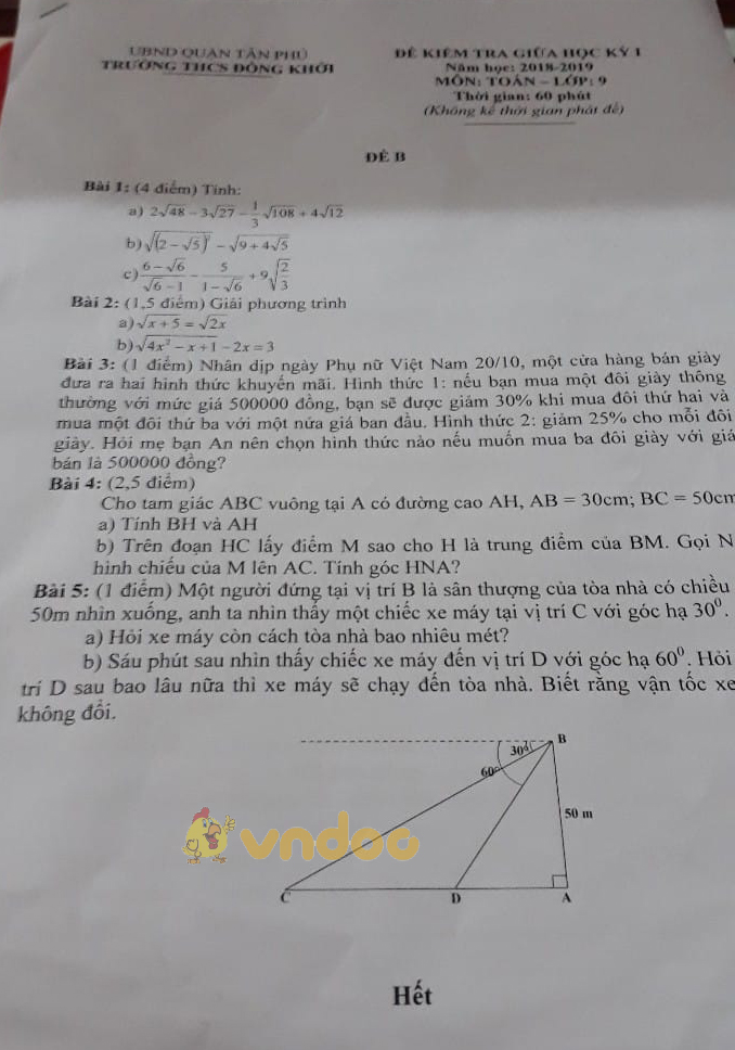 Đề thi giữa học kì 1 lớp 9 môn Toán trường THCS Đồng Khởi, Quận Tân Phú năm học 2018 - 2019