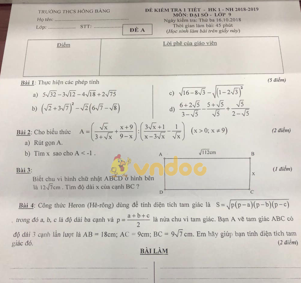 Đề thi giữa học kì 1 lớp 9 môn Toán trường THCS Hồng Bàng năm học 2018 - 2019
