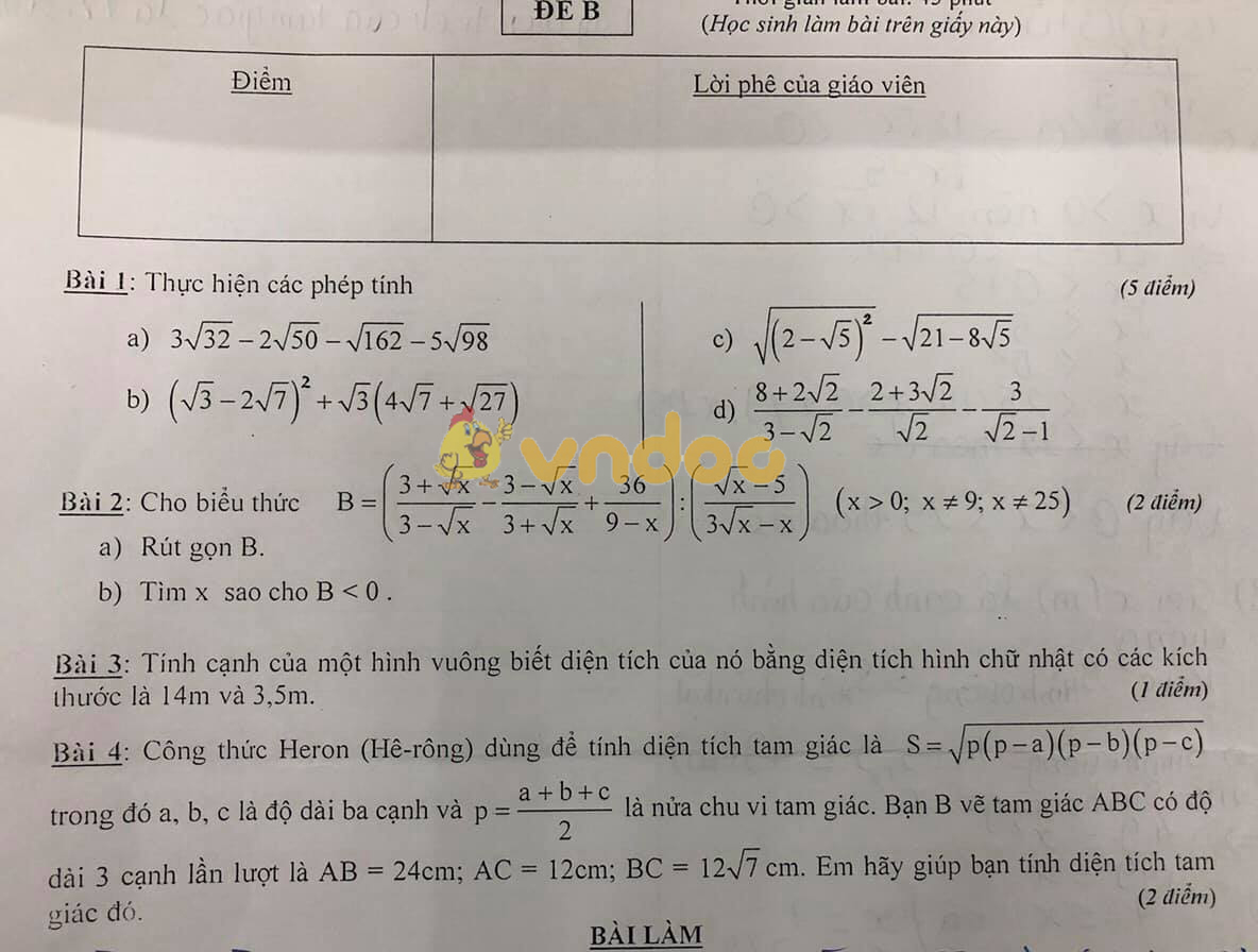 Đề thi giữa học kì 1 lớp 9 môn Toán trường THCS Hồng Bàng năm học 2018 - 2019