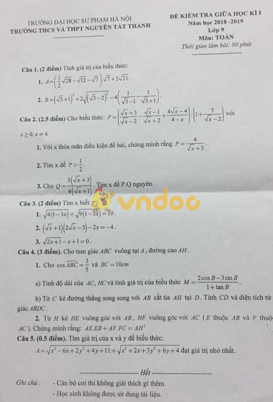Đề thi giữa học kì 1 lớp 9 môn Toán trường THCS - THPT Nguyễn Tất Thành, Hà Nội năm học 2018 - 2019