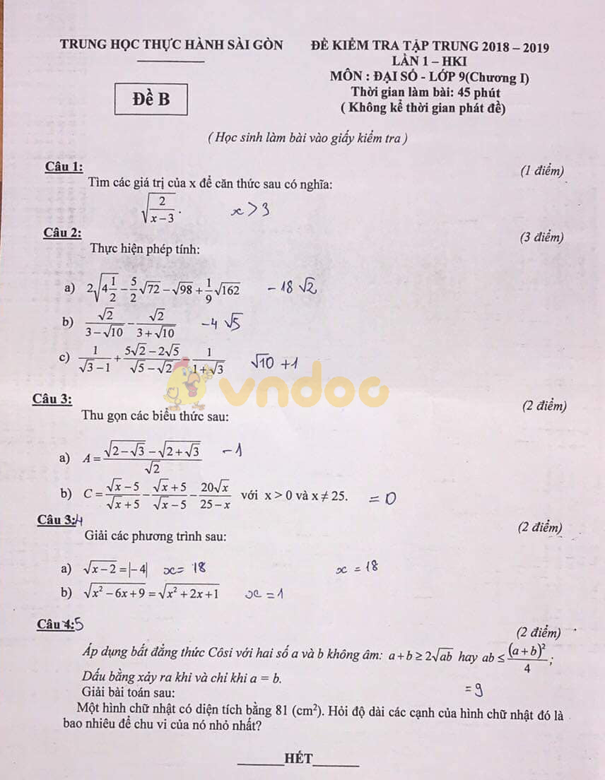 Đề thi giữa học kì 1 lớp 9 môn Toán trường Trung học Thực Hành Sài Gòn năm học 2018 - 2019
