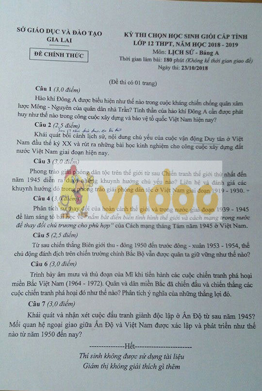 Đề thi chọn học sinh giỏi cấp tỉnh Lịch sử 12 năm 2018 - 2019