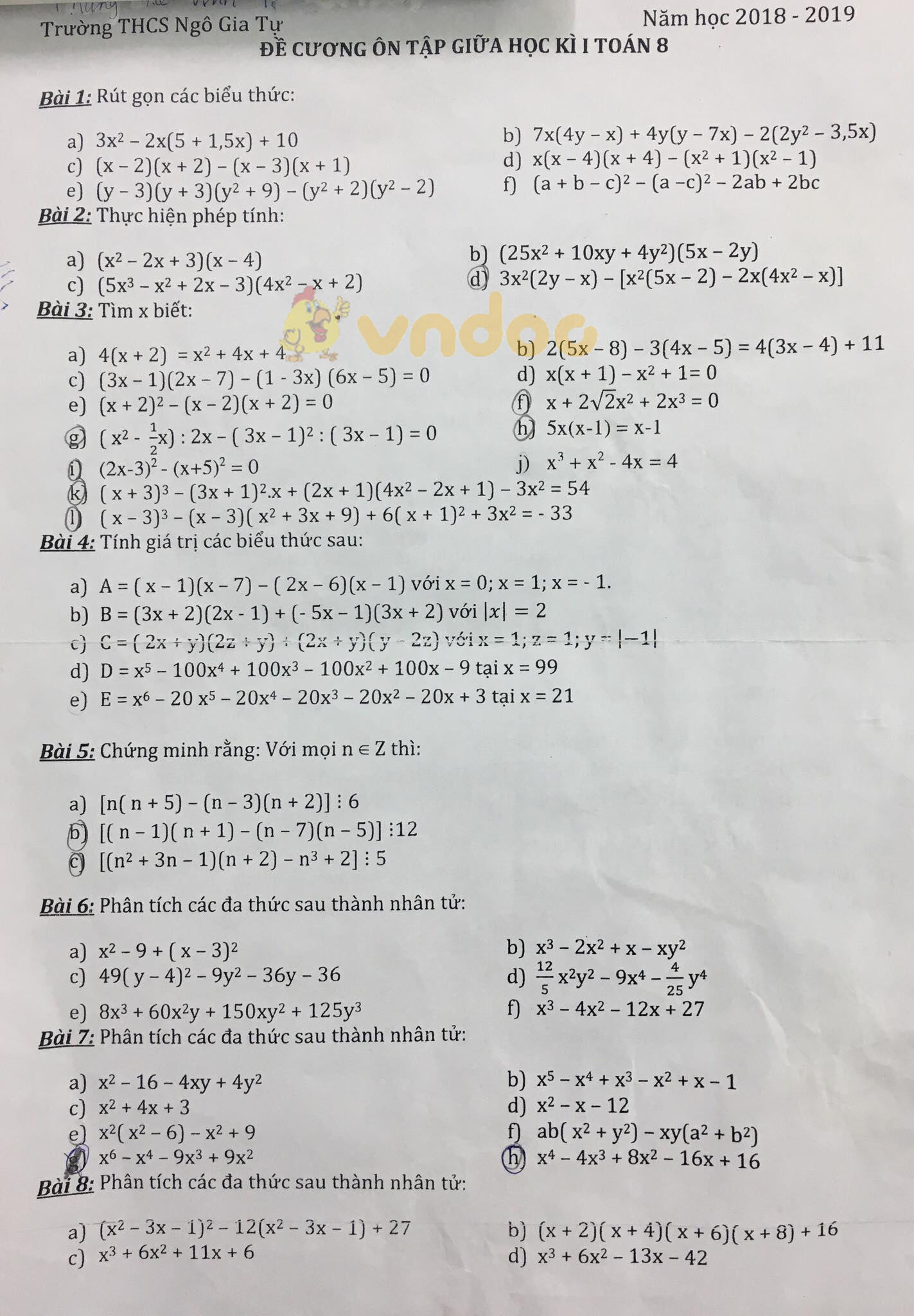 Đề cương ôn tập giữa học kì 1 lớp 8 môn Toán trường THCS Ngô Gia Tự năm học 2018 - 2019