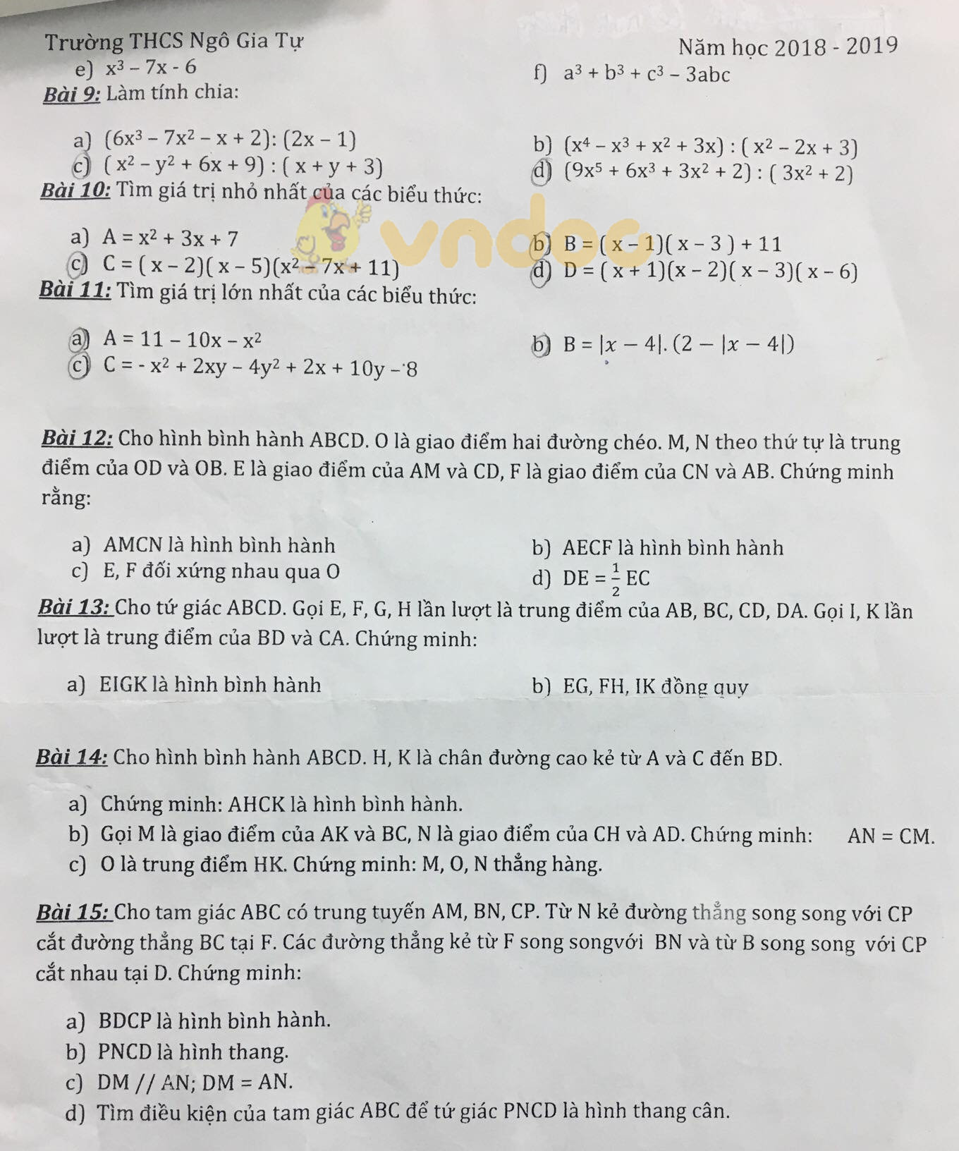 Đề cương ôn tập giữa học kì 1 lớp 8 môn Toán trường THCS Ngô Gia Tự năm học 2018 - 2019