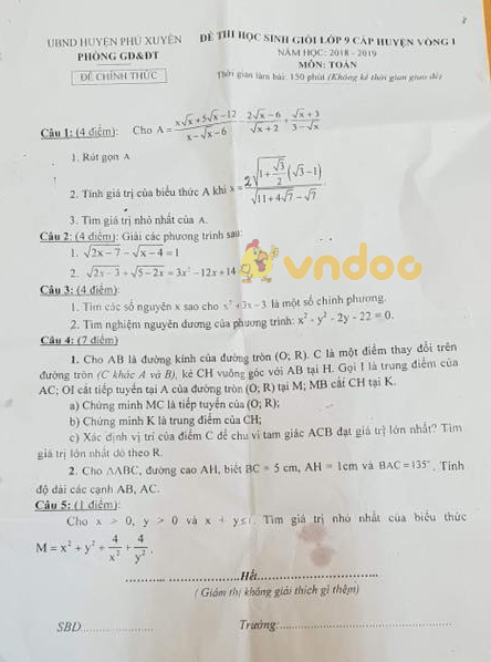 Đề thi chọn học sinh giỏi cấp huyện lớp 9 môn Toán Phòng GD&ĐT Huyện Phú Xuyên năm học 2018 - 2019