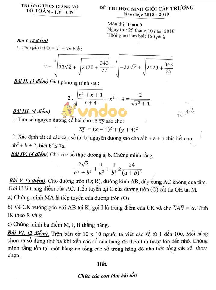Đề thi chọn học sinh giỏi cấp trường lớp 9 môn Toán trường THCS Giảng Võ năm học 2018 - 2019