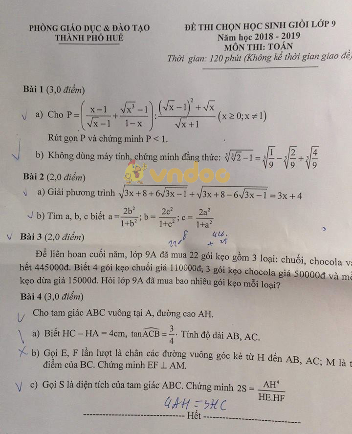 Đề thi chọn học sinh giỏi lớp 9 môn Toán Phòng GD&ĐT TP Huế năm học 2018 - 2019