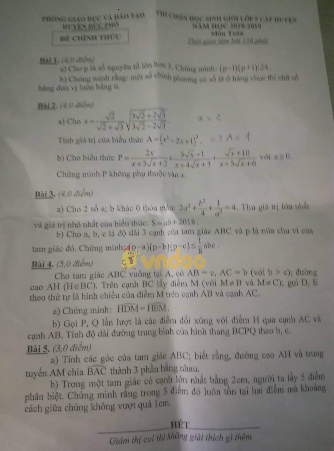 Đề thi chọn học sinh giỏi cấp huyện lớp 9 môn Toán Phòng GD&ĐT huyện Đức Phổ năm học 2018 - 2019