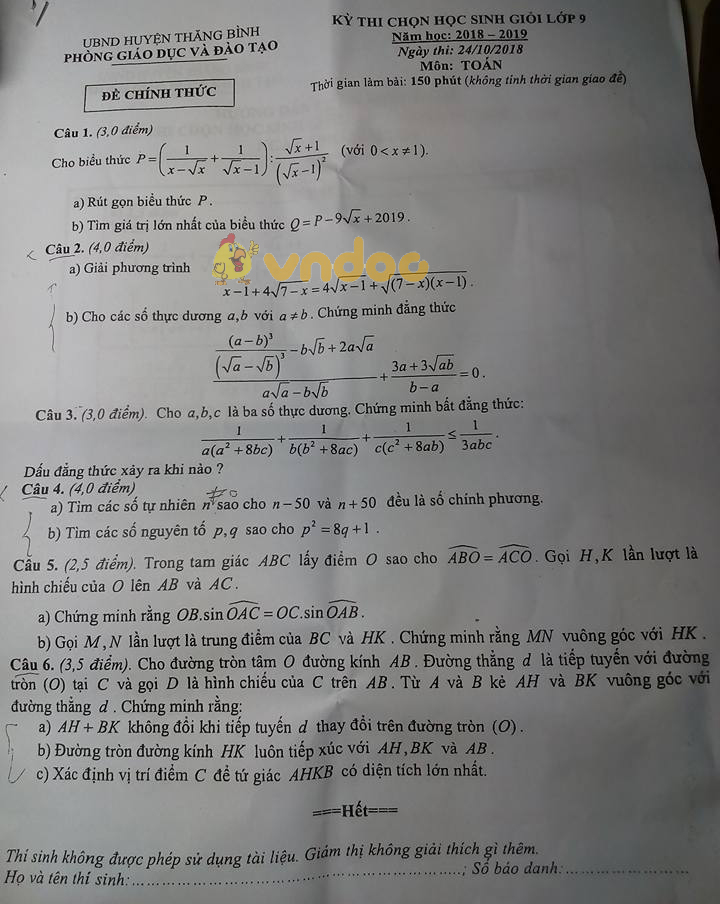 Đề thi chọn học sinh giỏi lớp 9 môn Toán Phòng GD&ĐT huyện Thăng Bình năm học 2018 - 2019