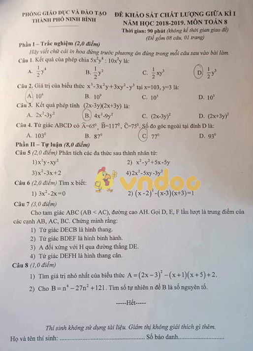Đề thi giữa học kì 1 lớp 8 môn Toán Phòng GD&ĐT TP Ninh Bình năm học 2018 - 2019