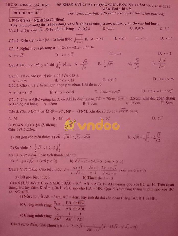 Đề thi giữa học kì 1 lớp 9 môn Toán Phòng GD&ĐT Hải Hậu năm học 2018 - 2019
