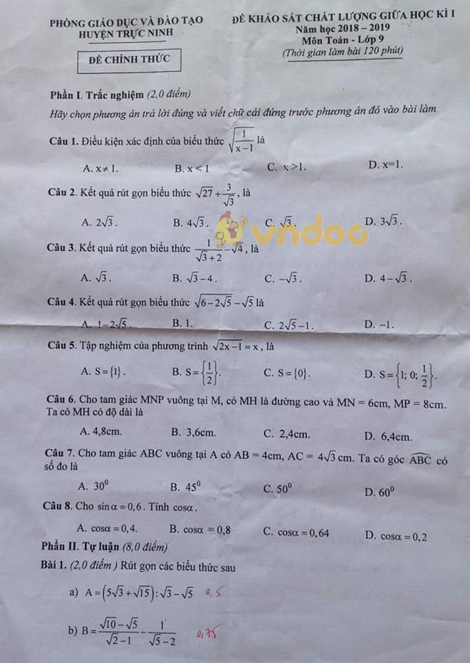 Đề thi giữa học kì 1 lớp 9 môn Toán Phòng GD&ĐT huyện Trực Ninh năm học 2018 - 2019