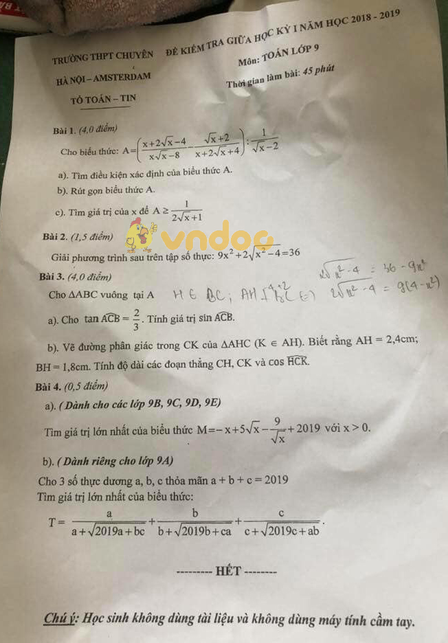 Đề thi giữa học kì 1 lớp 9 môn Toán trường THPT Chuyên Hà Nội - Amsterdam năm học 2018 - 2019