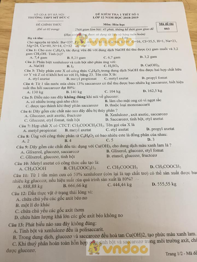 Đề kiểm tra 1 tiết môn Hóa lớp 12