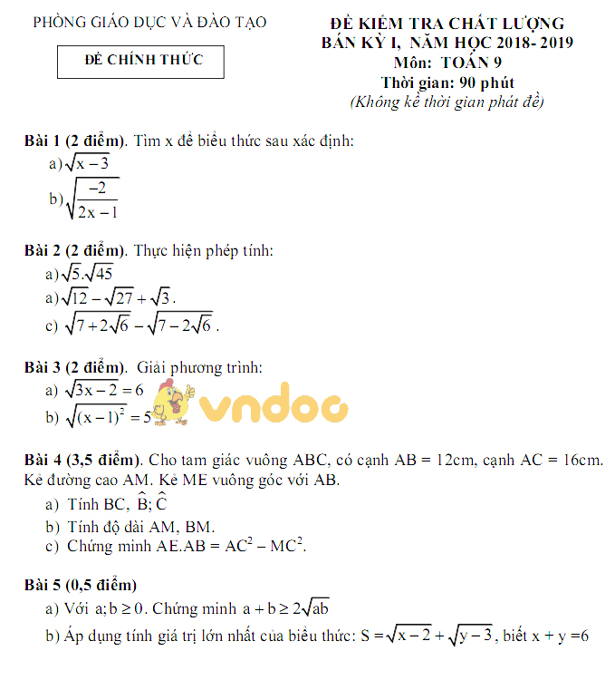 Đề thi giữa học kì 1 lớp 9 môn Toán năm học 2018 - 2019
