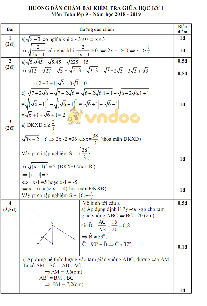 Đề thi giữa học kì 1 lớp 9 môn Toán năm học 2018 - 2019