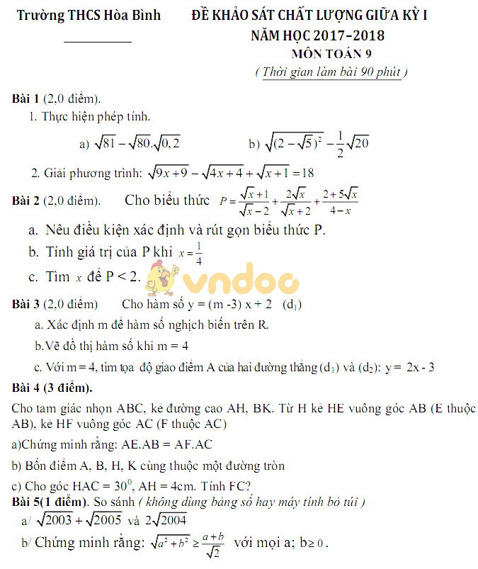 Đề thi giữa học kì 1 lớp 9 môn Toán trường THCS Hòa Bình năm học 2017 - 2018