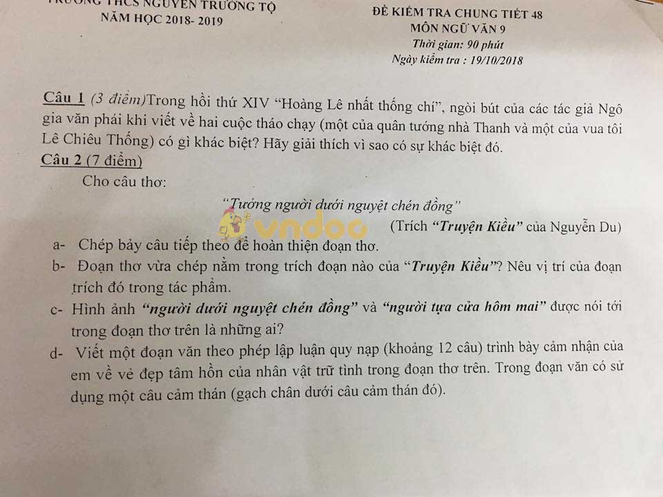 Đề thi giữa học kì 1 lớp 9 môn Ngữ văn trường THCS Nguyễn Trường Tộ năm học 2018 - 2019