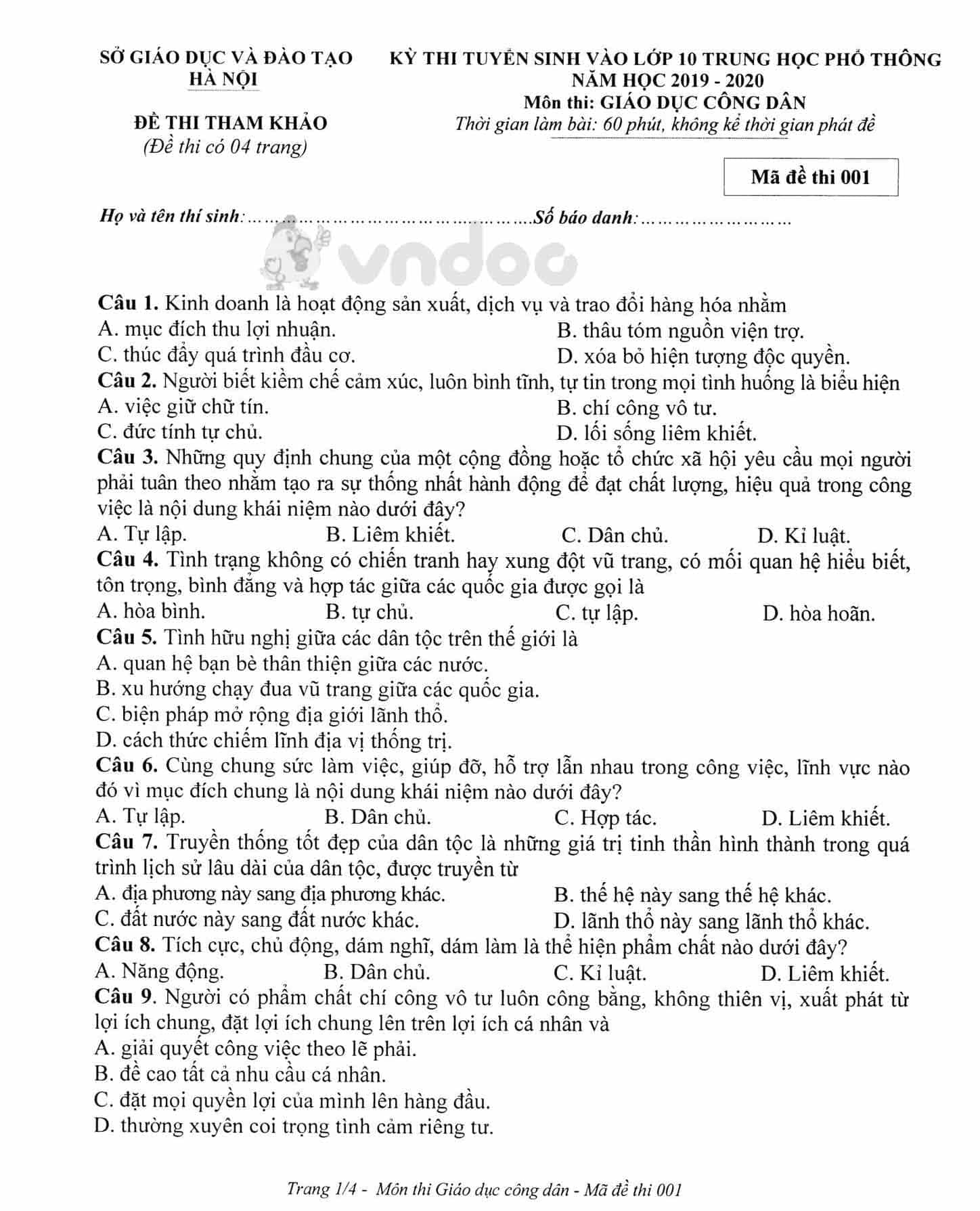 Đề thi tham khảo tuyển sinh vào lớp 10 môn GDCD Sở GD&ĐT Hà Nội năm học 2019 - 2020