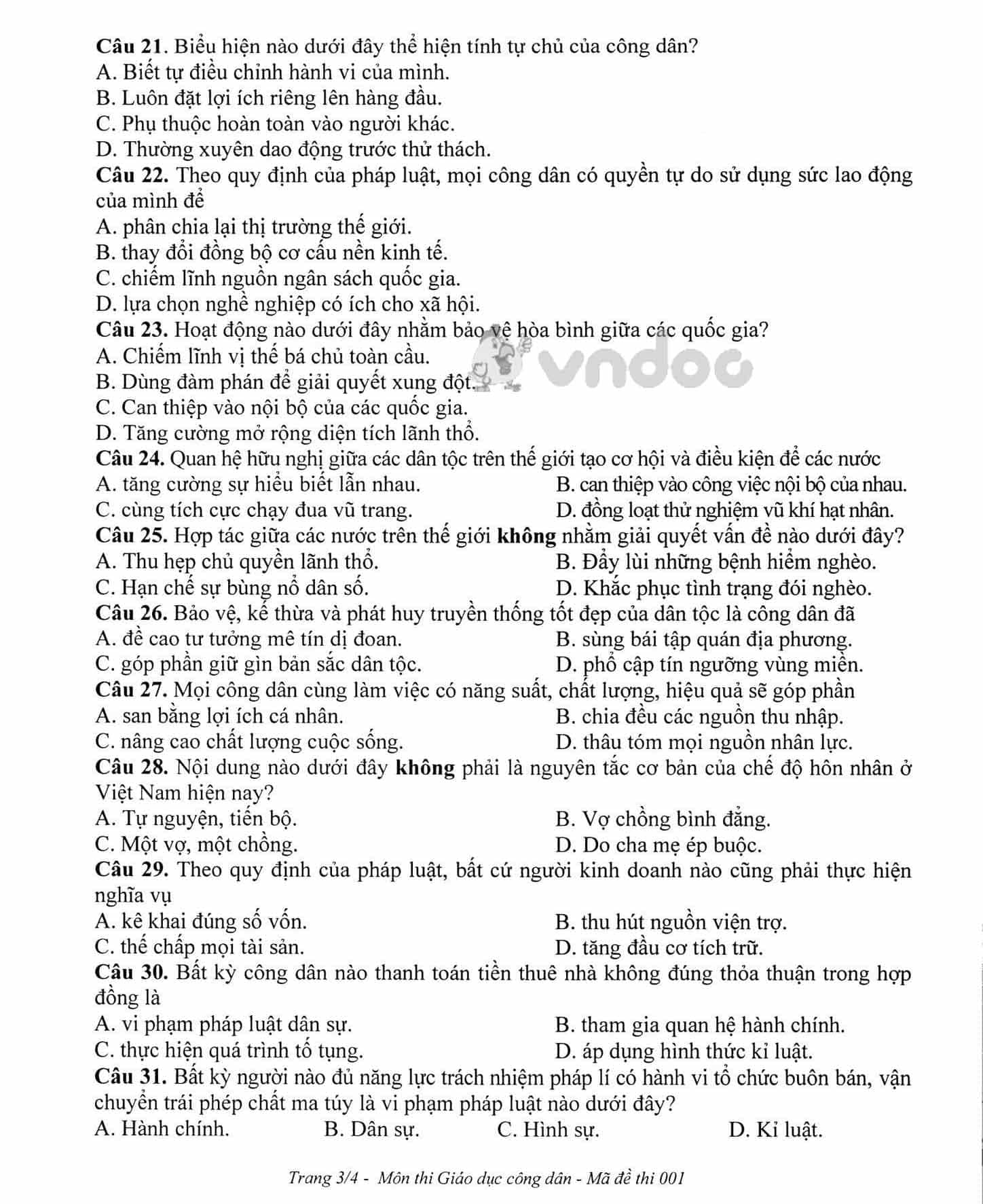 Đề thi tham khảo tuyển sinh vào lớp 10 môn GDCD Sở GD&ĐT Hà Nội năm học 2019 - 2020