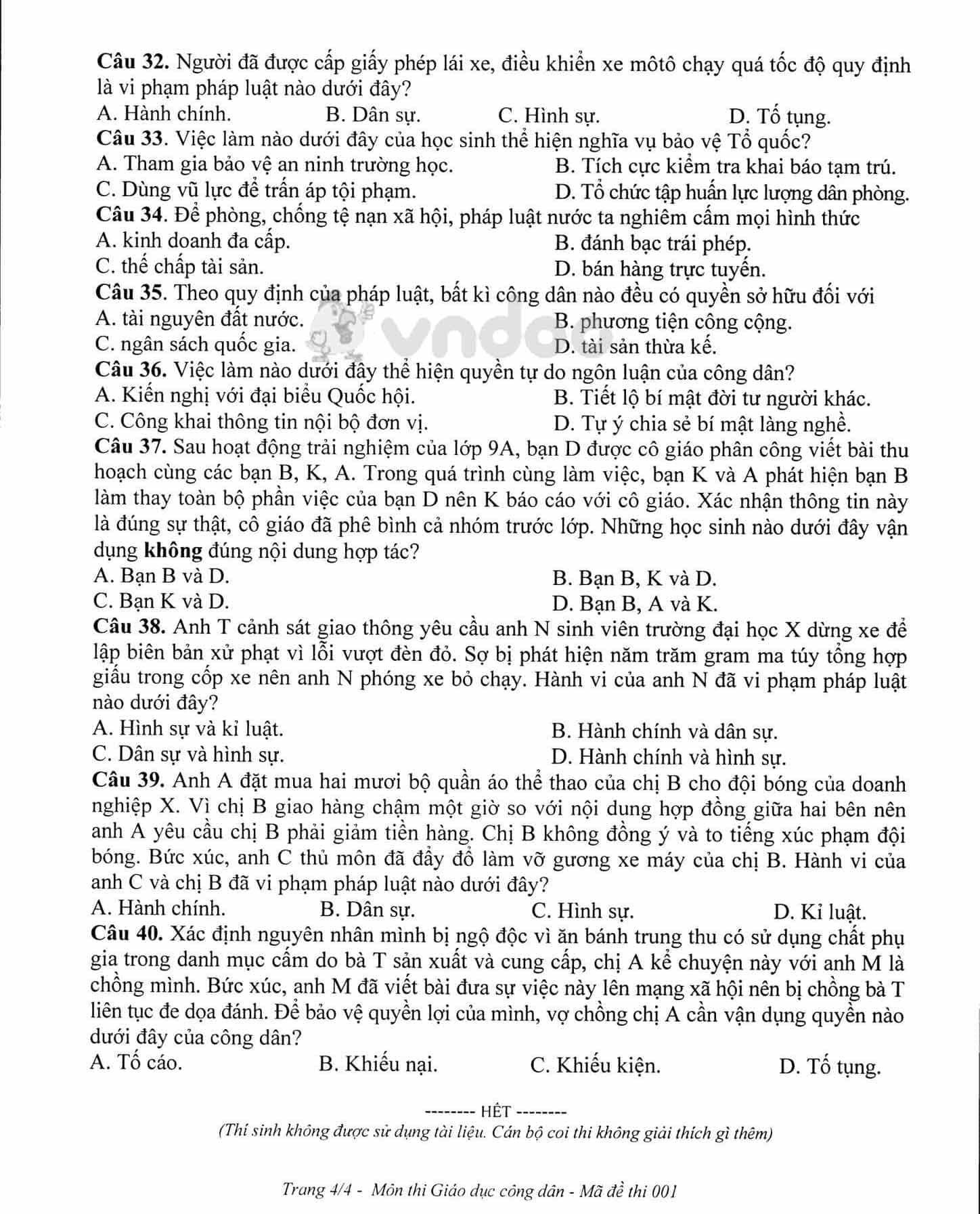 Đề thi tham khảo tuyển sinh vào lớp 10 môn GDCD Sở GD&ĐT Hà Nội năm học 2019 - 2020