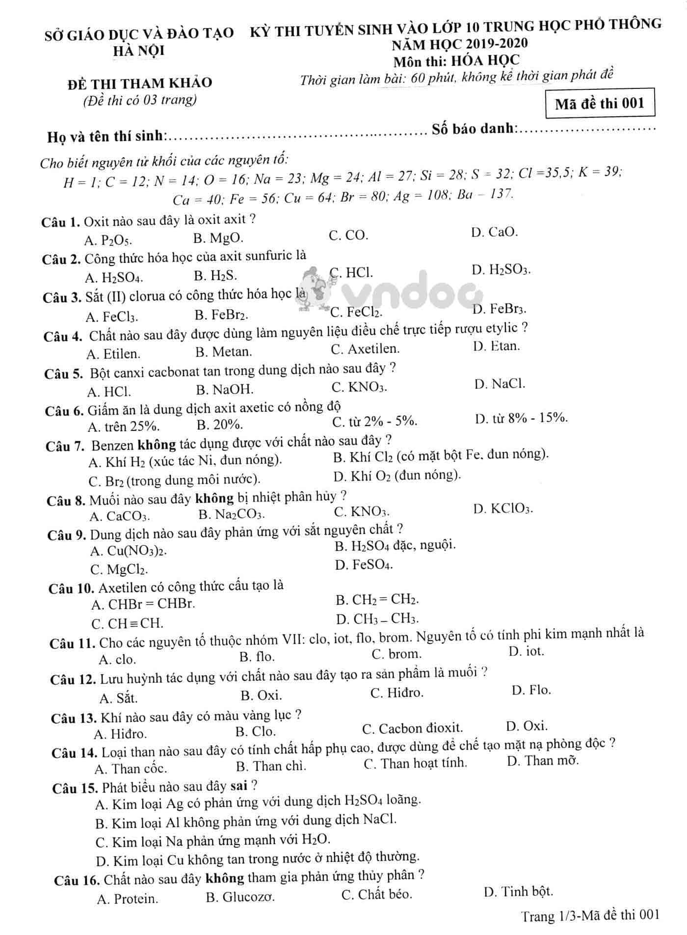 Đề thi tham khảo tuyển sinh vào lớp 10 môn Hóa học Sở GD&ĐT Hà Nội năm học 2019 - 2020