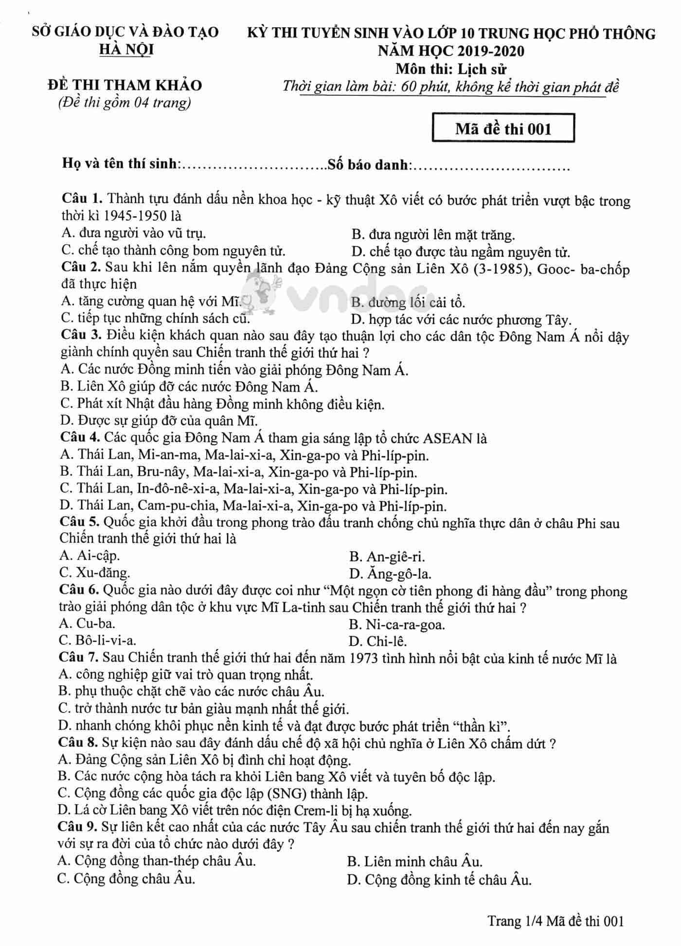 Đề thi tham khảo tuyển sinh vào lớp 10 môn Lịch sử Sở GD&ĐT Hà Nội năm học 2019 - 2020