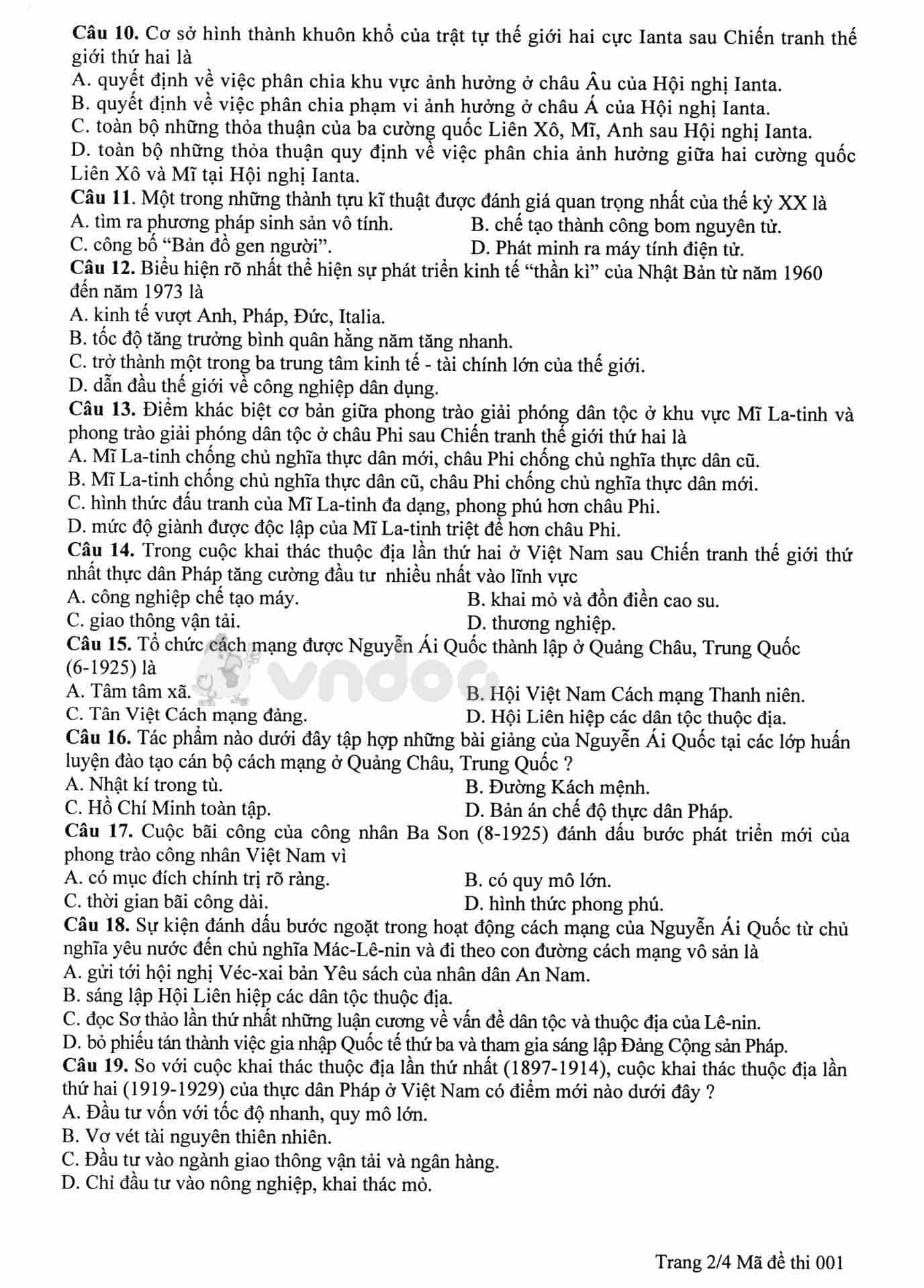 Đề thi tham khảo tuyển sinh vào lớp 10 môn Lịch sử Sở GD&ĐT Hà Nội năm học 2019 - 2020