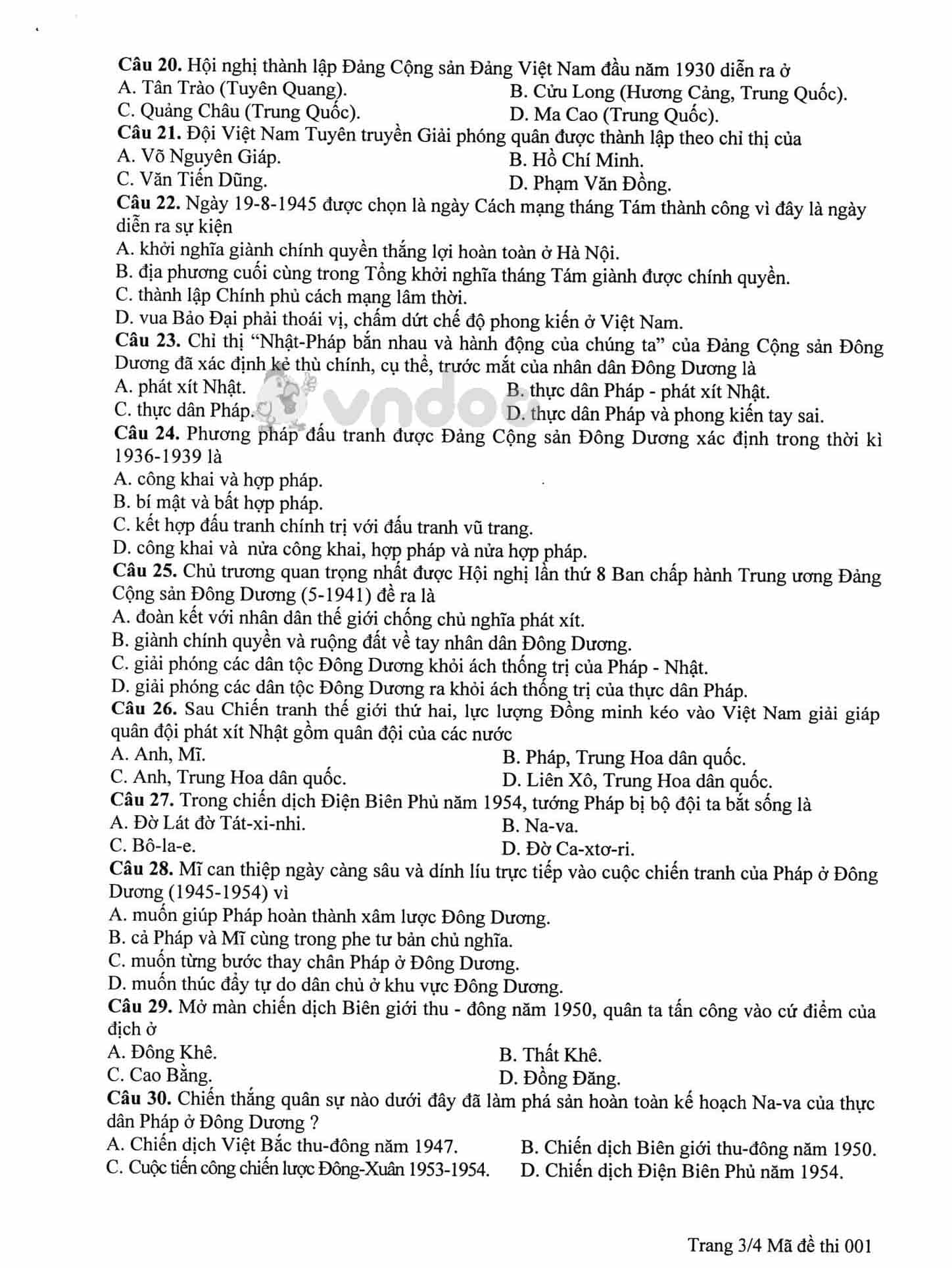 Đề thi tham khảo tuyển sinh vào lớp 10 môn Lịch sử Sở GD&ĐT Hà Nội năm học 2019 - 2020