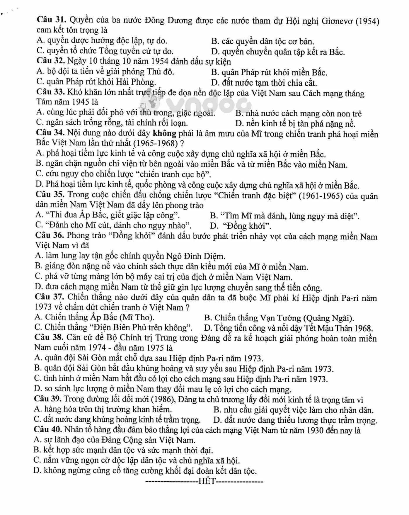 Đề thi tham khảo tuyển sinh vào lớp 10 môn Lịch sử Sở GD&ĐT Hà Nội năm học 2019 - 2020