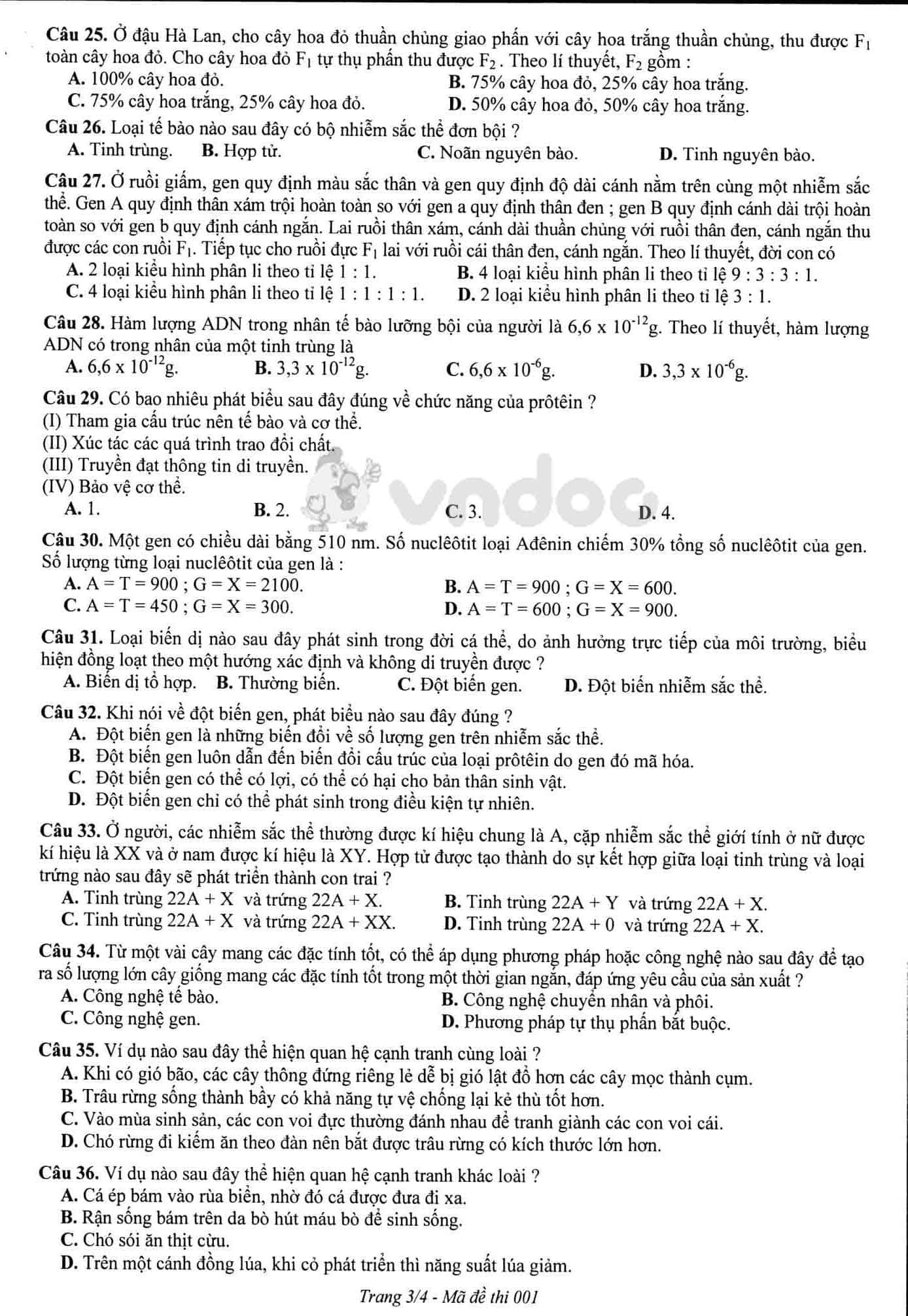 Đề thi tham khảo tuyển sinh vào lớp 10 môn Sinh học Sở GD&ĐT Hà Nội năm học 2019 - 2020