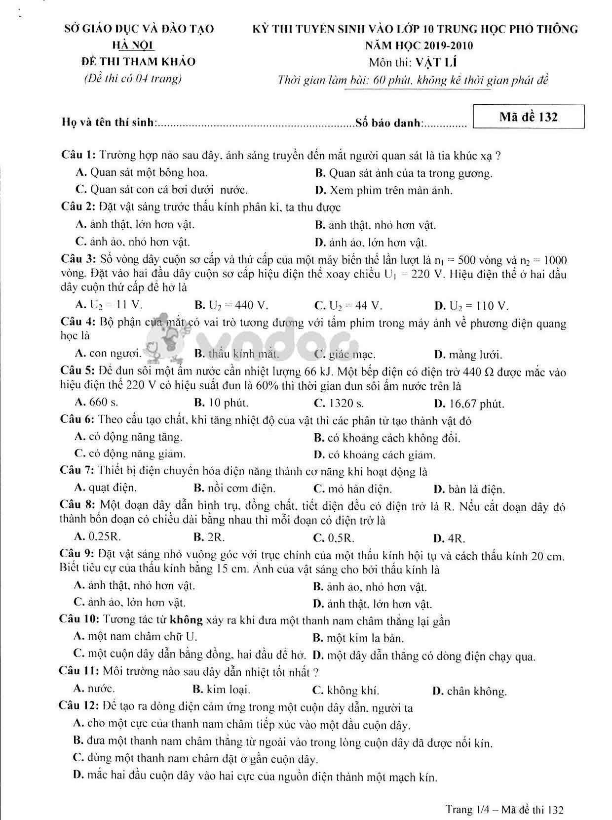 Đề thi tham khảo tuyển sinh vào lớp 10 môn Vật lý Sở GD&ĐT Hà Nội năm học 2019 - 2020
