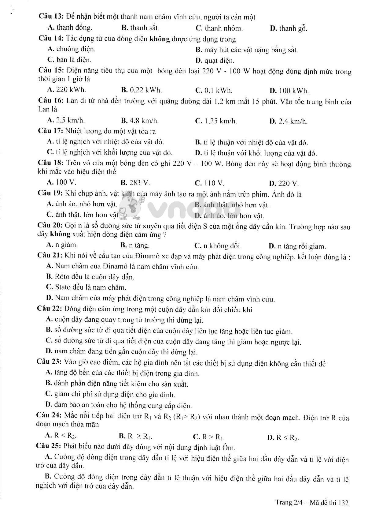 Đề thi tham khảo tuyển sinh vào lớp 10 môn Vật lý Sở GD&ĐT Hà Nội năm học 2019 - 2020