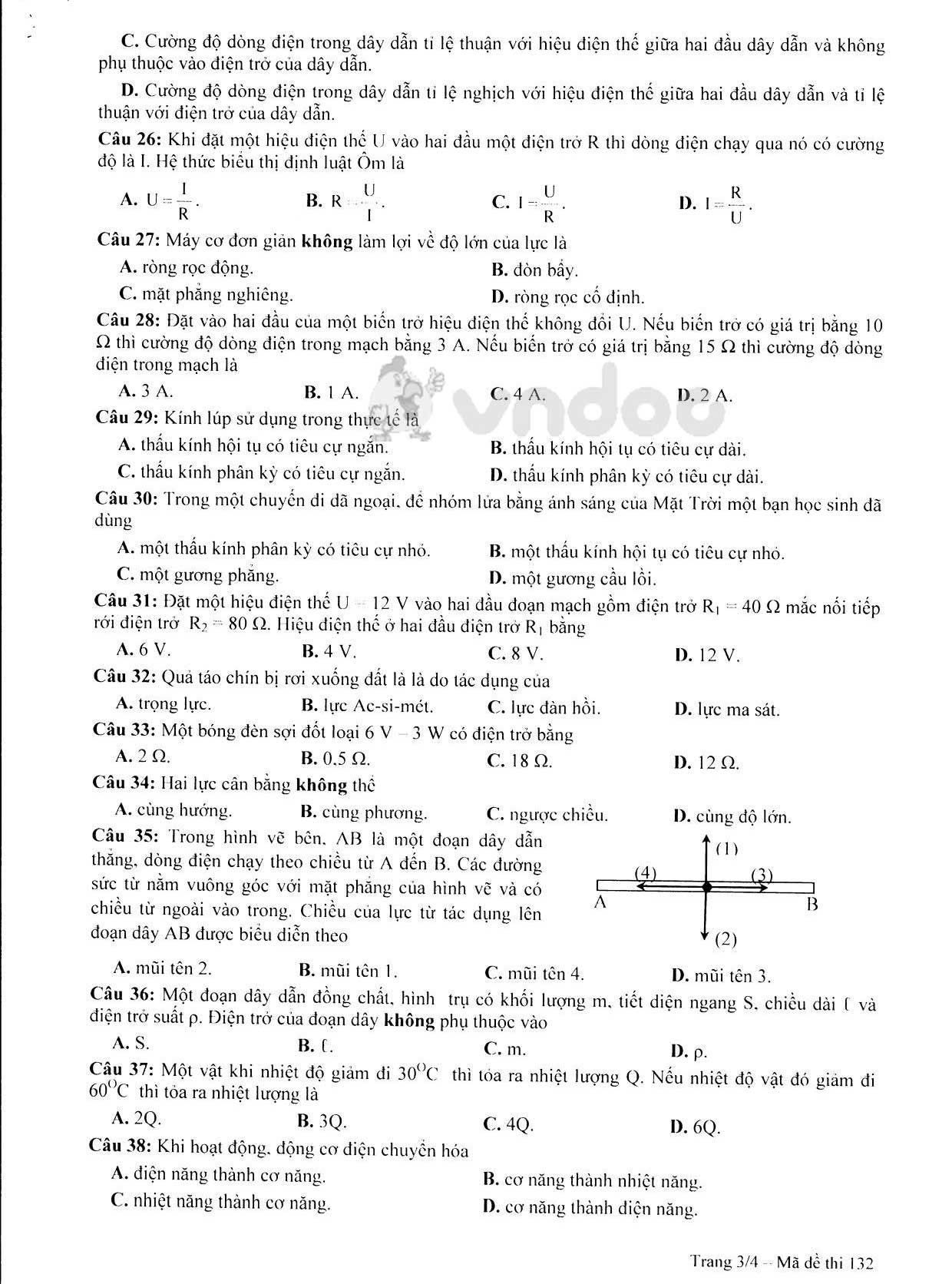 Đề thi tham khảo tuyển sinh vào lớp 10 môn Vật lý Sở GD&ĐT Hà Nội năm học 2019 - 2020