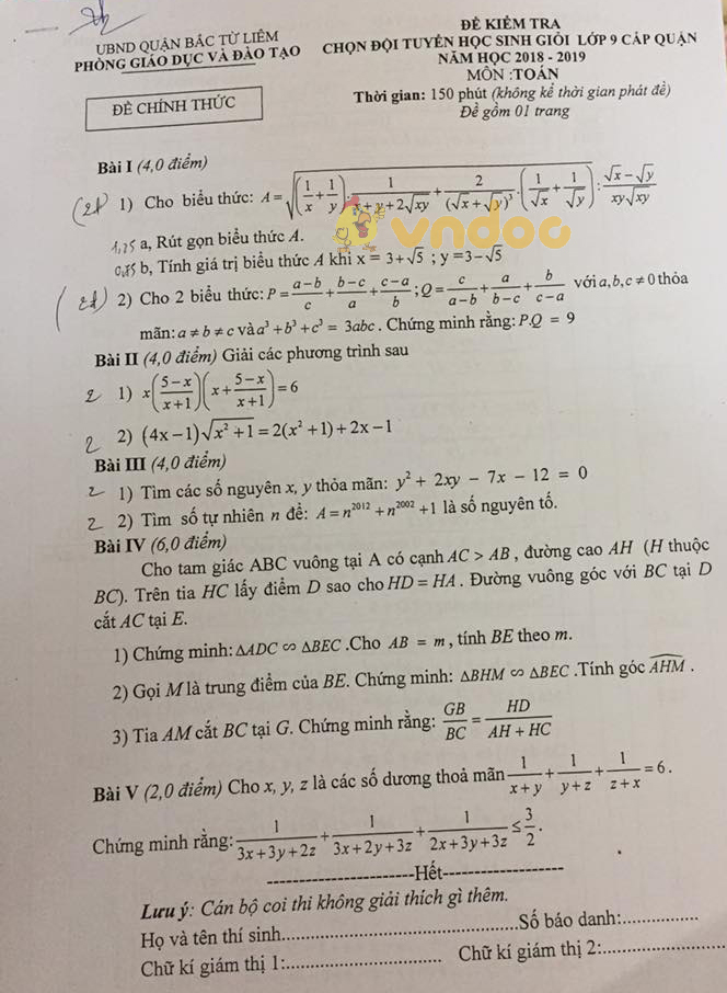 Đề thi chọn học sinh giỏi cấp Quận lớp 9 môn Toán Phòng GD&ĐT Quận Bắc Từ Liêm năm học 2018 - 2019