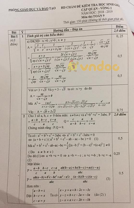 Đề thi chọn học sinh giỏi cấp Quận lớp 9 môn Toán Phòng GD&ĐT Quận Bắc Từ Liêm năm học 2018 - 2019