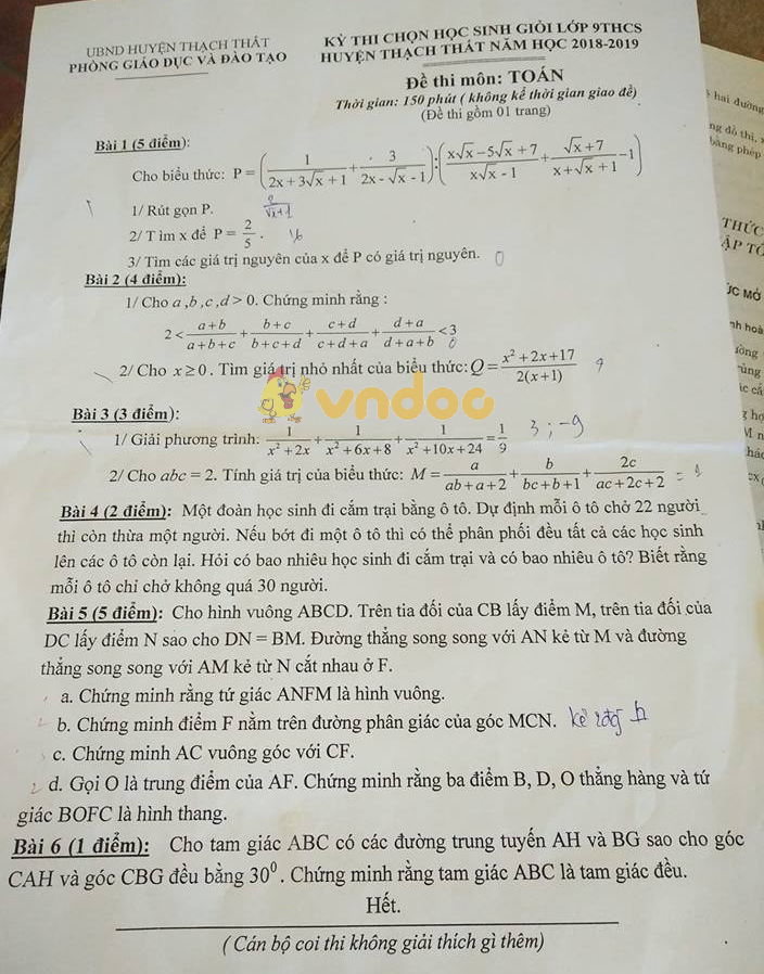 Đề thi chọn học sinh giỏi lớp 9 môn Toán Phòng GD&ĐT huyện Thạch Thất năm học 2018 - 2019