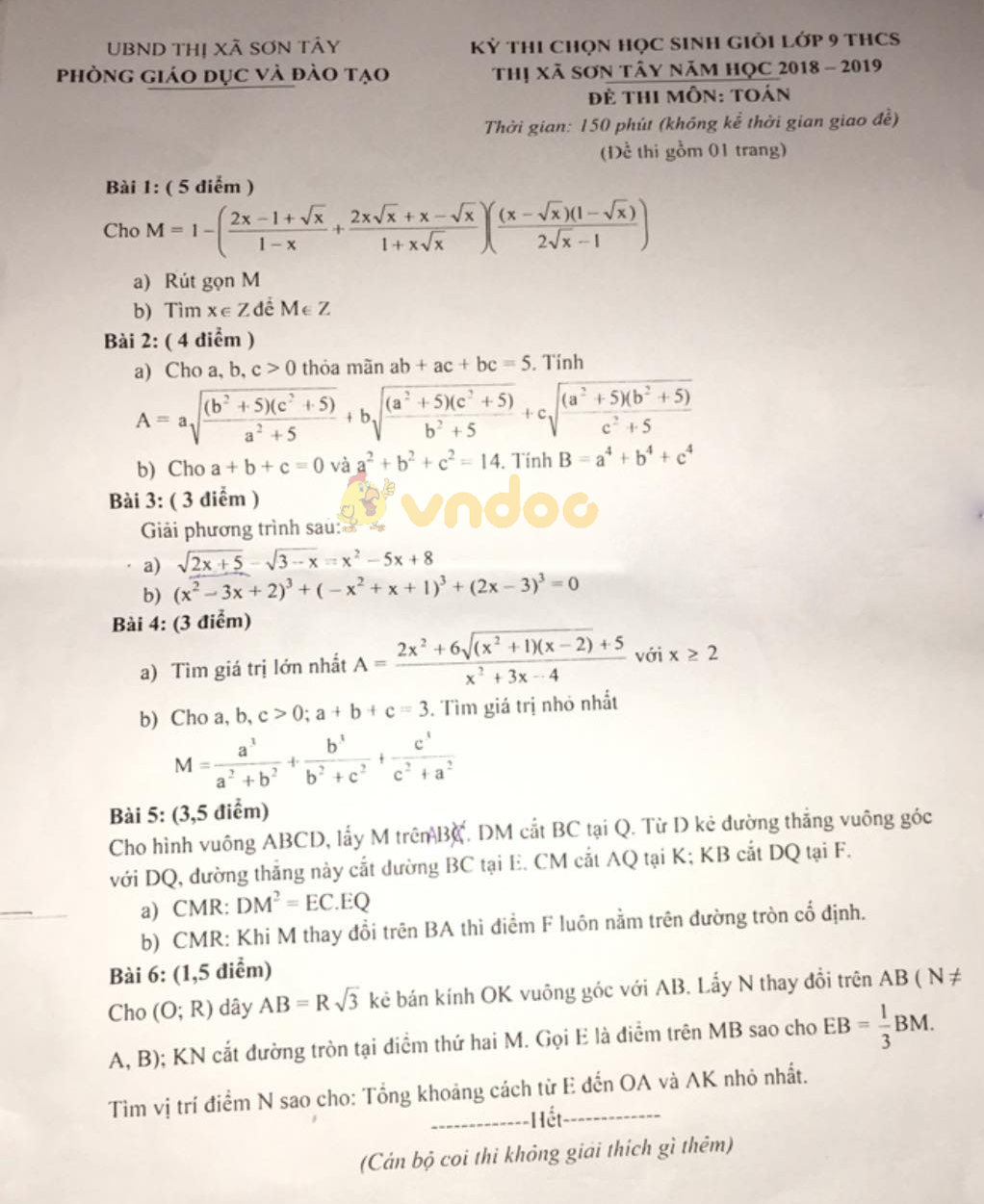 Đề thi chọn học sinh giỏi lớp 9 môn Toán Phòng GD&ĐT Thị xã Sơn Tây năm học 2018 - 2019