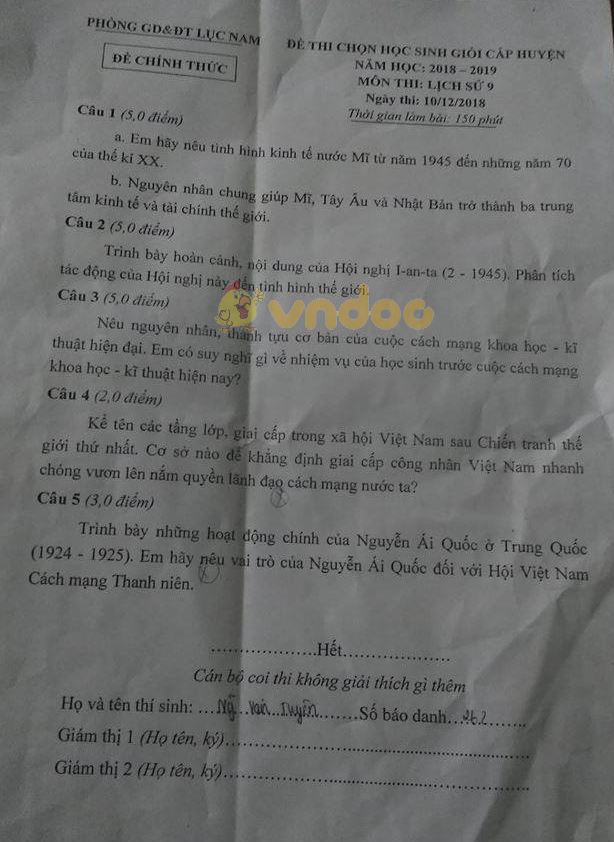 Đề thi chọn học sinh giỏi cấp huyện lớp 9 môn Lịch sử Phòng GD&ĐT Lục Nam năm học 2018 - 2019
