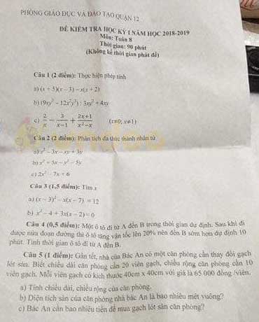 Đề thi học kì 1 lớp 8 môn Toán Phòng GD&ĐT quận 12 năm học 2018 - 2019