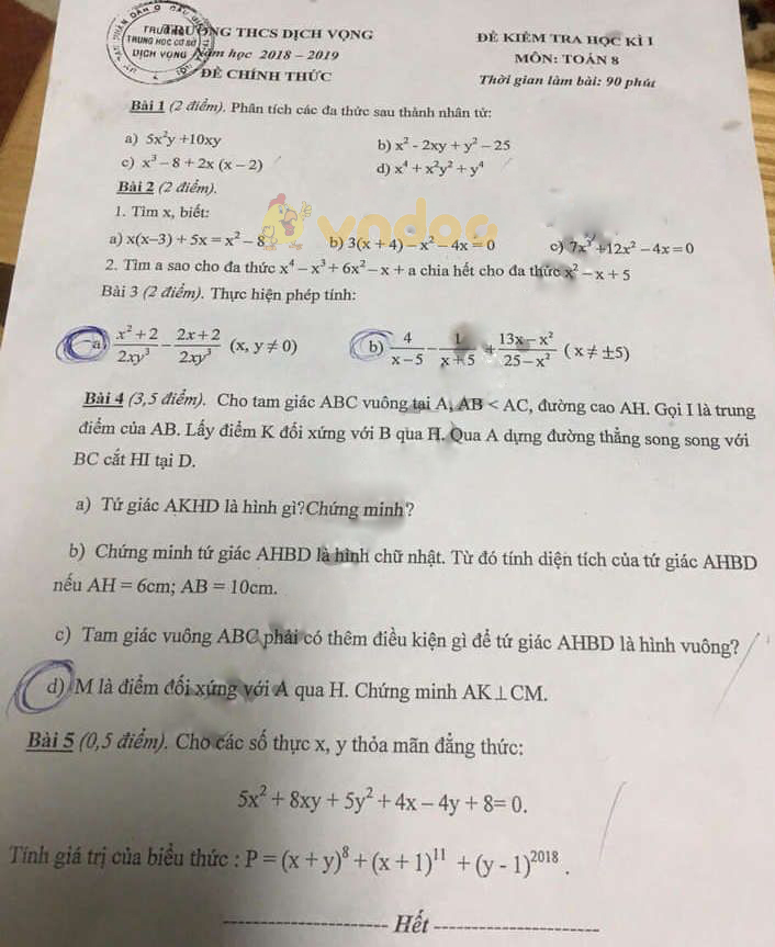 Đề thi học kì 1 lớp 8 môn Toán trường THCS Dịch Vọng năm học 2018 - 2019