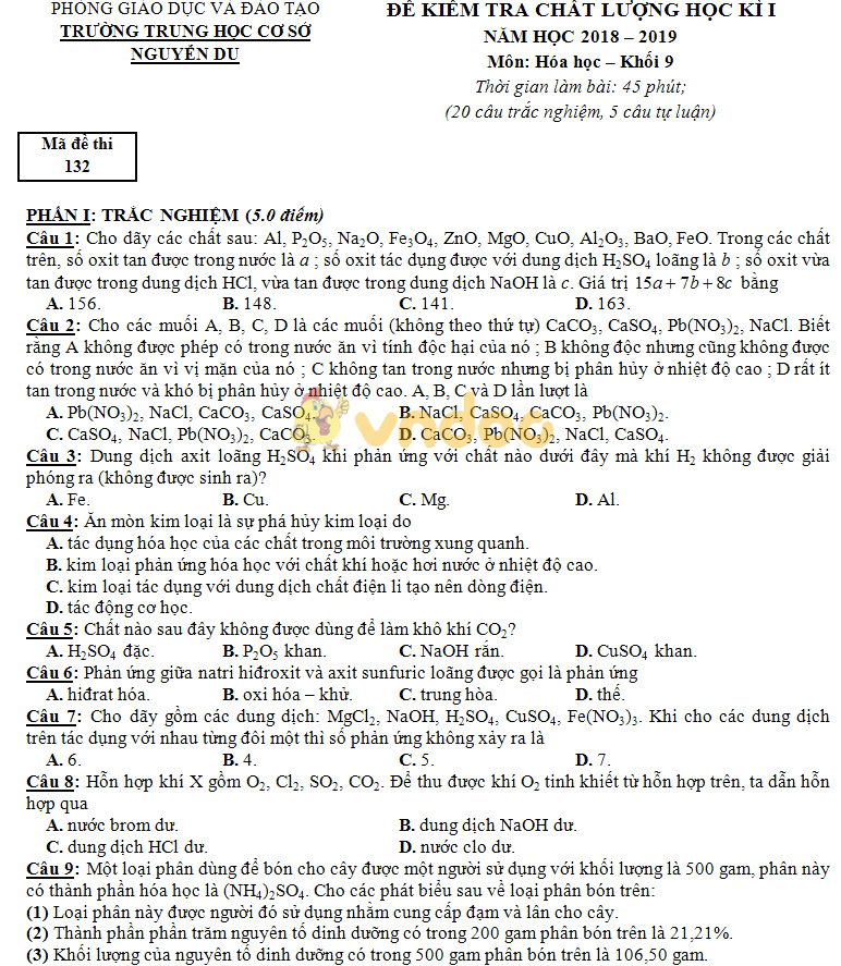 Đề thi học kì 1 lớp 9 môn Hóa học trường THCS Nguyễn Du năm học 2018 - 2019