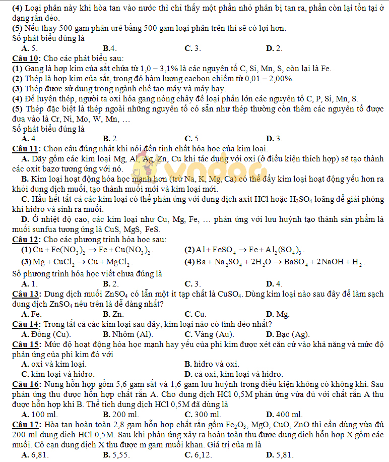 Đề thi học kì 1 lớp 9 môn Hóa học trường THCS Nguyễn Du năm học 2018 - 2019