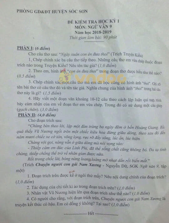 Đề thi học kì 1 lớp 9 môn Ngữ văn Phòng GD&ĐT huyện Sóc Sơn năm học 2018 - 2019